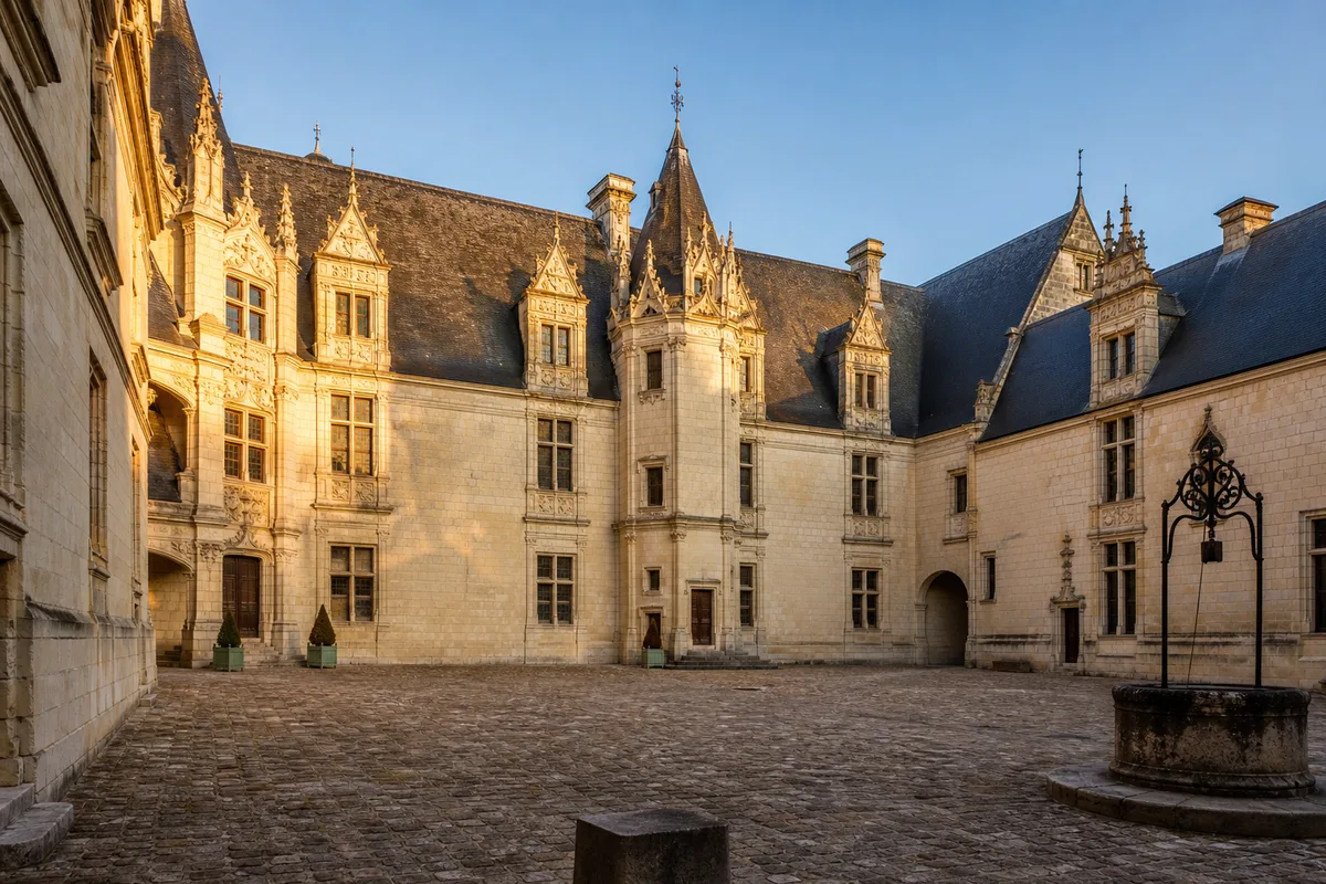 Cour intérieure d&rsquo;un château français en pierre calcaire, façade Renaissance et toiture d&rsquo;ardoise, lumière de fin d&rsquo;après-midi