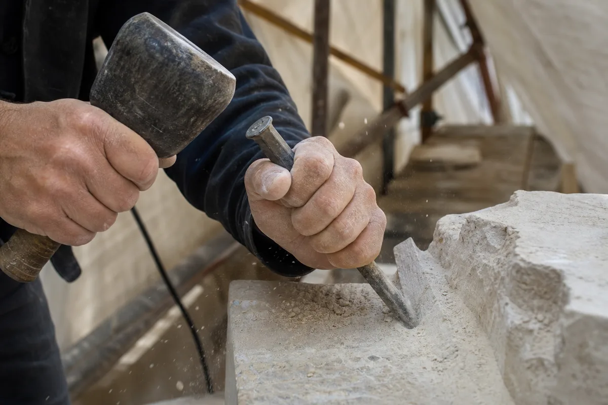 Tailleur de pierre au travail sur un chantier de restauration, mains et ciseau sur un bloc calcaire, échafaudage bois en arrière-plan