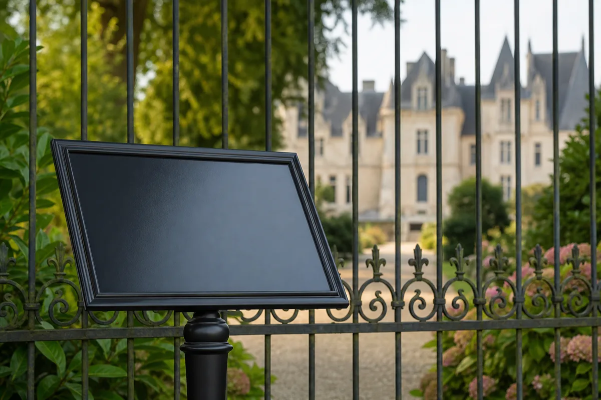 Panneau d&rsquo;information patrimoniale en métal devant une grille en fer forgé, château flou en arrière-plan, végétation d&rsquo;été