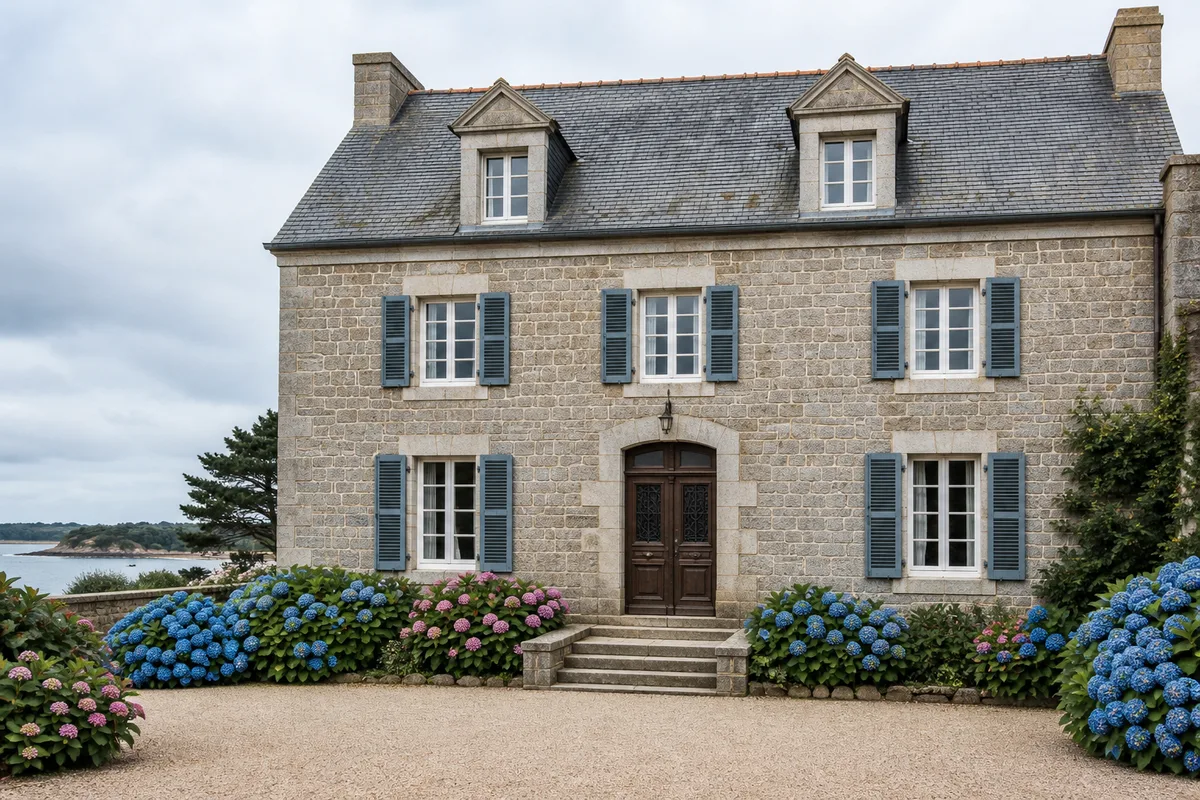 Façade en granit d&rsquo;un manoir côtier breton devant une allée gravillonnée