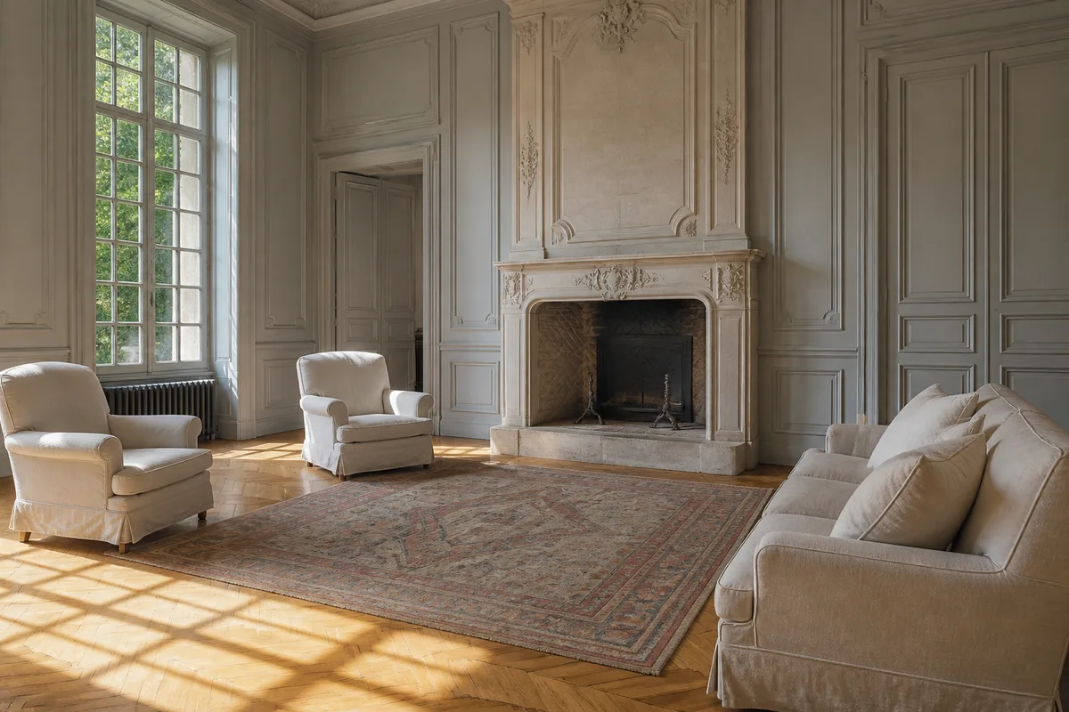 Salon d&rsquo;une demeure ancienne avec parquet à point de Hongrie et cheminée en pierre