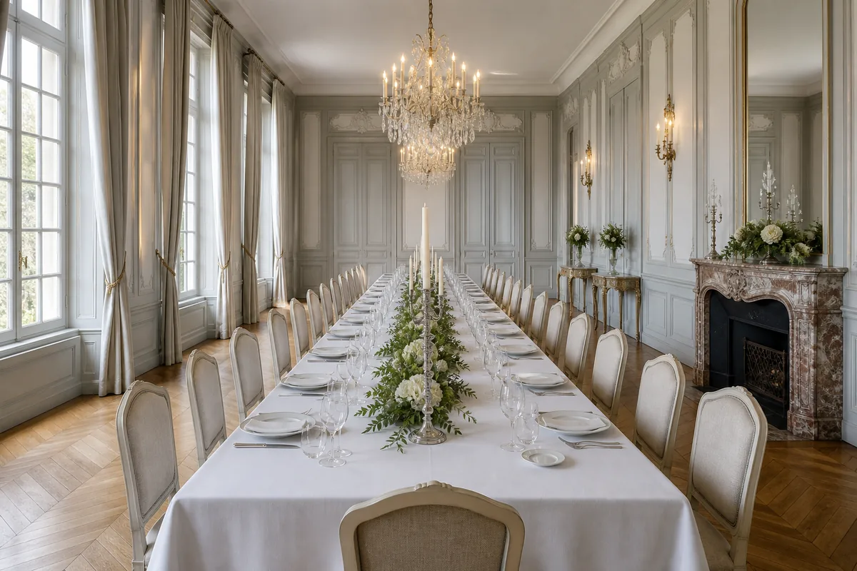 Salon d&rsquo;apparat d&rsquo;un château dressé pour un dîner de mariage