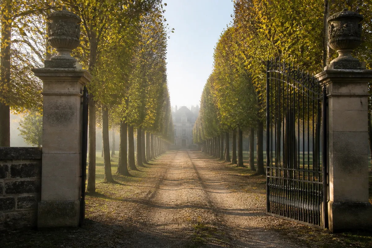 Allée gravillonnée bordée d&rsquo;arbres menant à la façade d&rsquo;un domaine