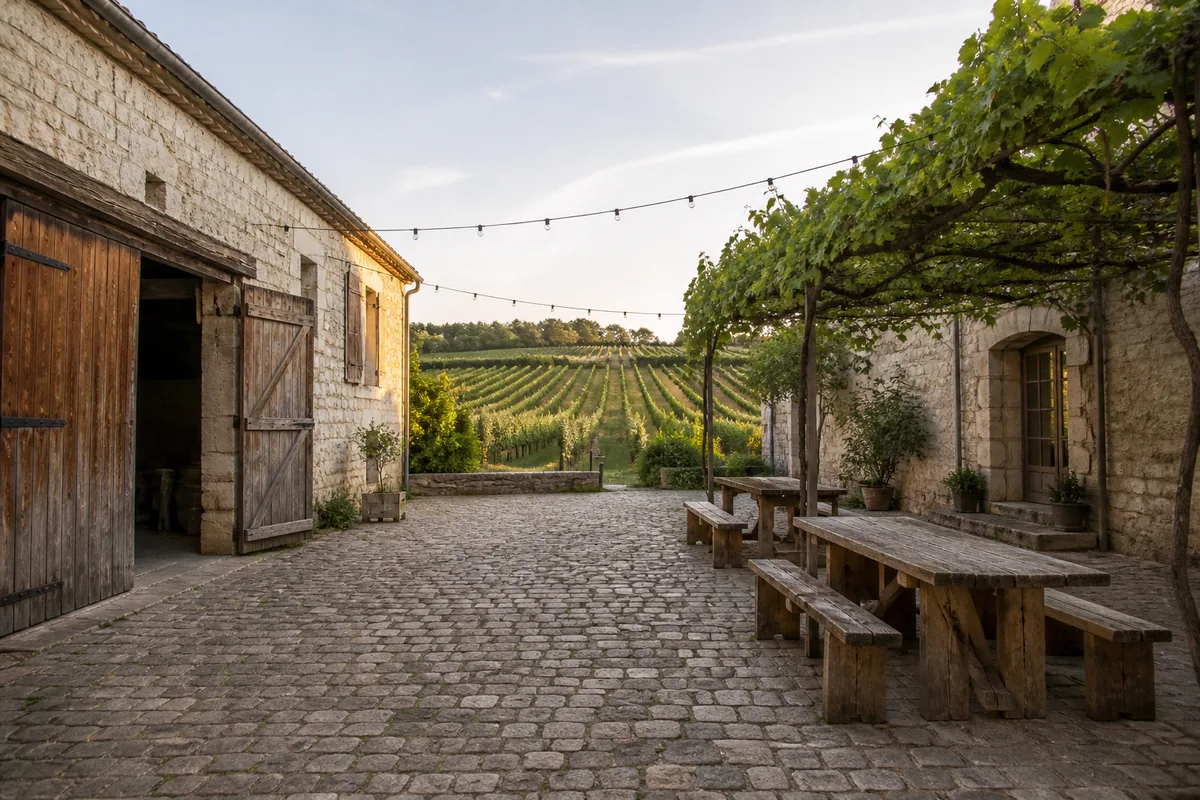 Cour pavée d&rsquo;un domaine viticole ouverte sur les rangs de vigne
