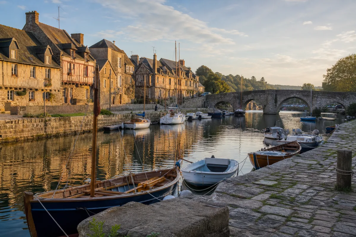 Vue du port de Saint-Goustan à Auray avec ses maisons à colombages et ses bateaux, illustrant l&rsquo;attractivité touristique du golfe du Morbihan