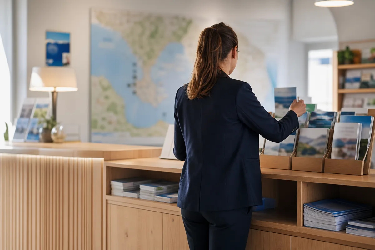 Conseillère en séjour derrière le comptoir d&rsquo;un office de tourisme breton, brochures et carte du littoral posées devant elle