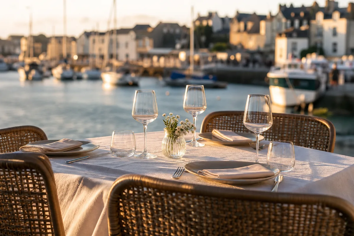 Table de restaurant dressée en terrasse face à un port breton, ambiance de début de service en fin d&rsquo;après-midi ensoleillée