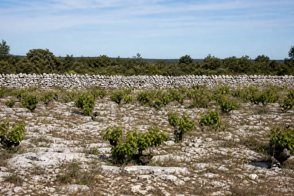 Vigne rase sur le plateau calcaire du causse, bordée d&rsquo;un muret de pierre sèche
