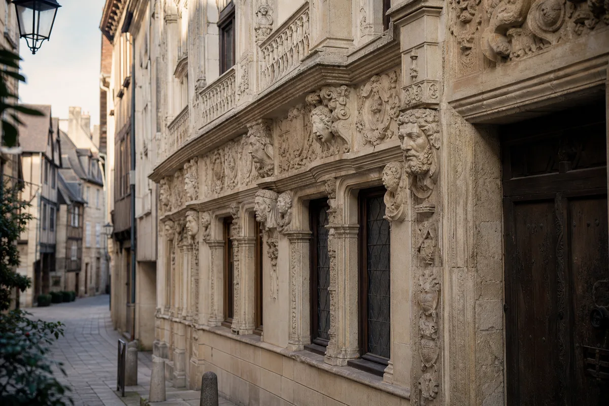 Façade sculptée de la Maison des Têtes dans le centre ancien de Valence