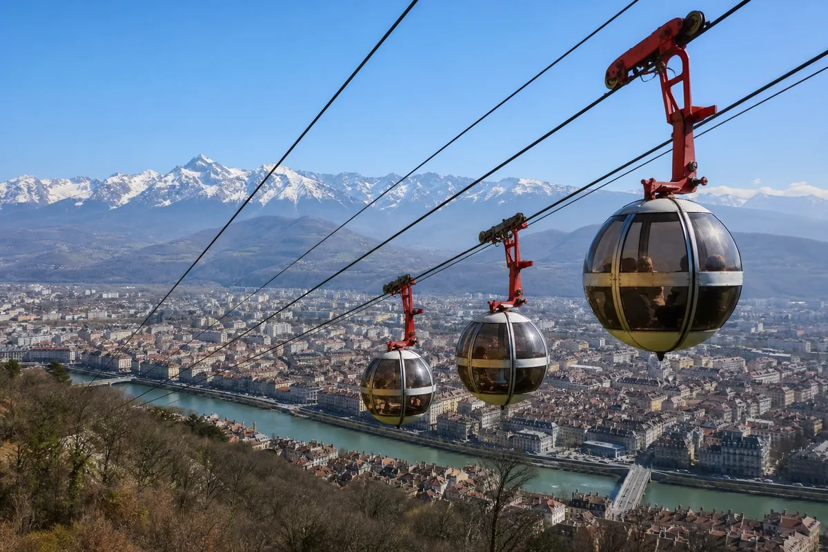 Bulles du téléphérique de Grenoble montant vers la Bastille au-dessus de l&rsquo;Isère