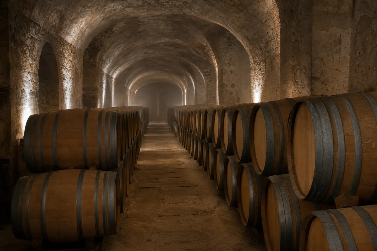 Barriques de vin alignées dans un chai voûté en pierre faiblement éclairé
