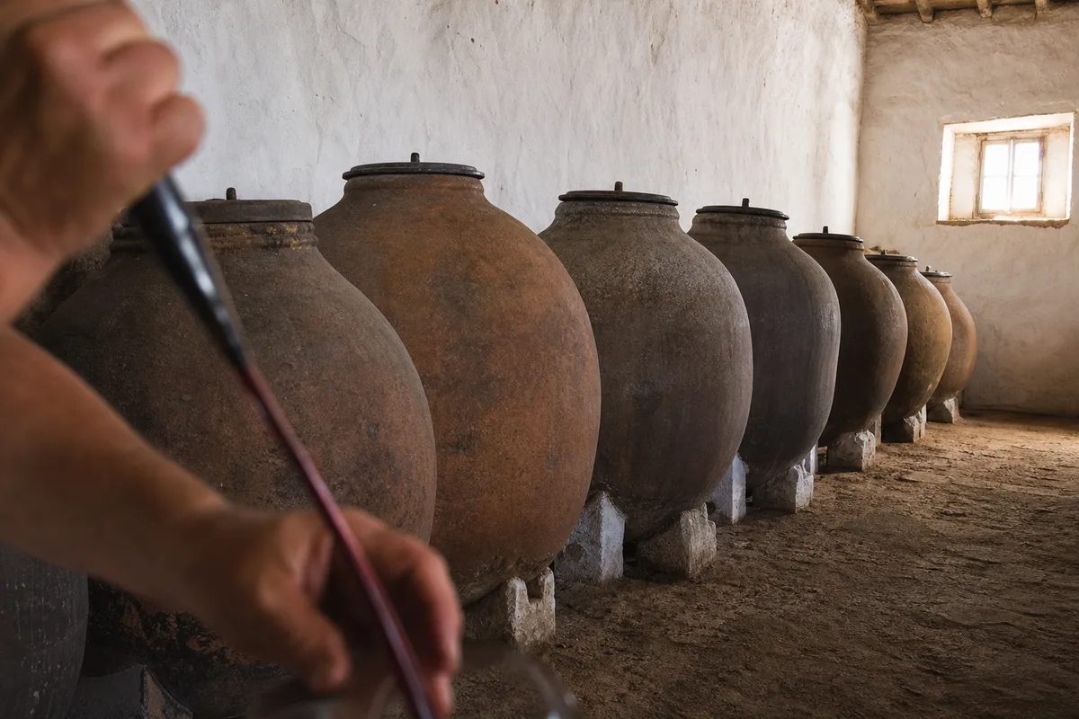 Grandes amphores d&rsquo;argile alignées dans un chai traditionnel de l&rsquo;Alentejo