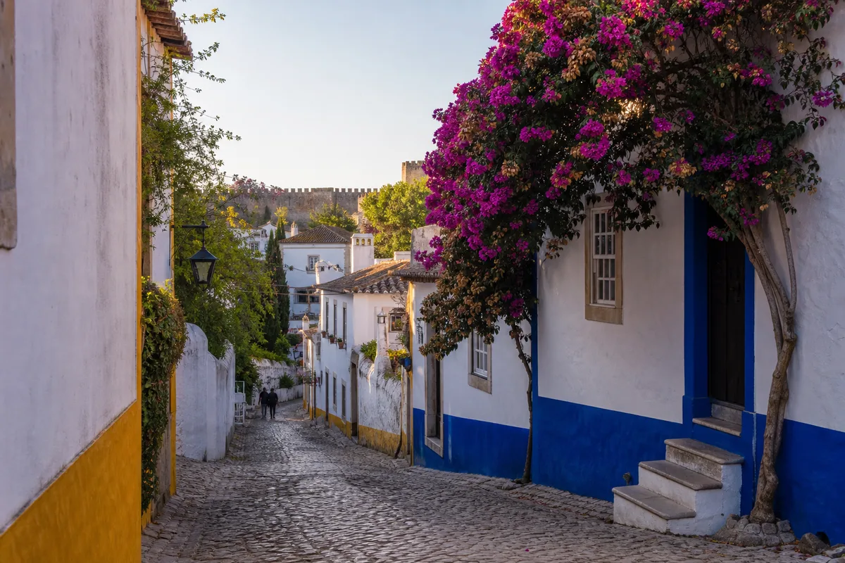 Rue pavée bordée de maisons blanches et bleues dans le village d&rsquo;Óbidos