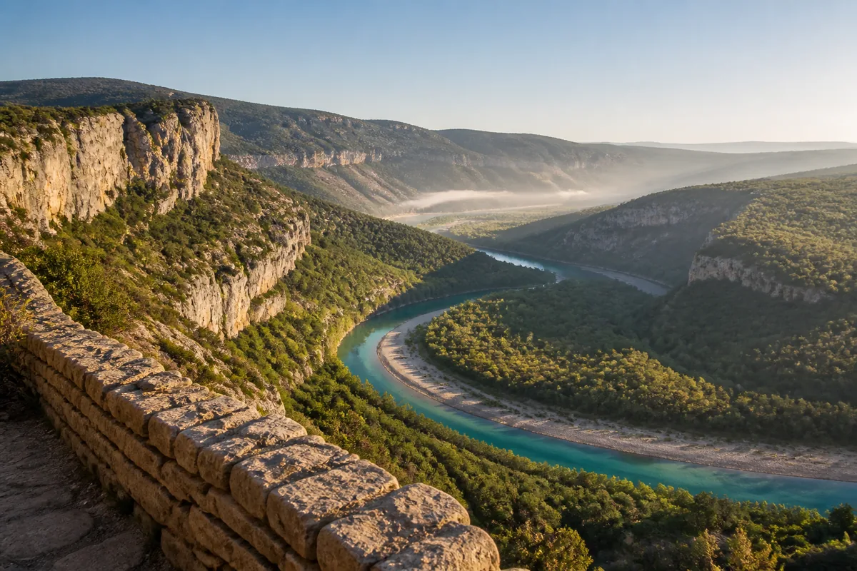 Panorama des gorges de l’Ardèche depuis un belvédère, méandre encaissé entre falaises calcaires au petit matin