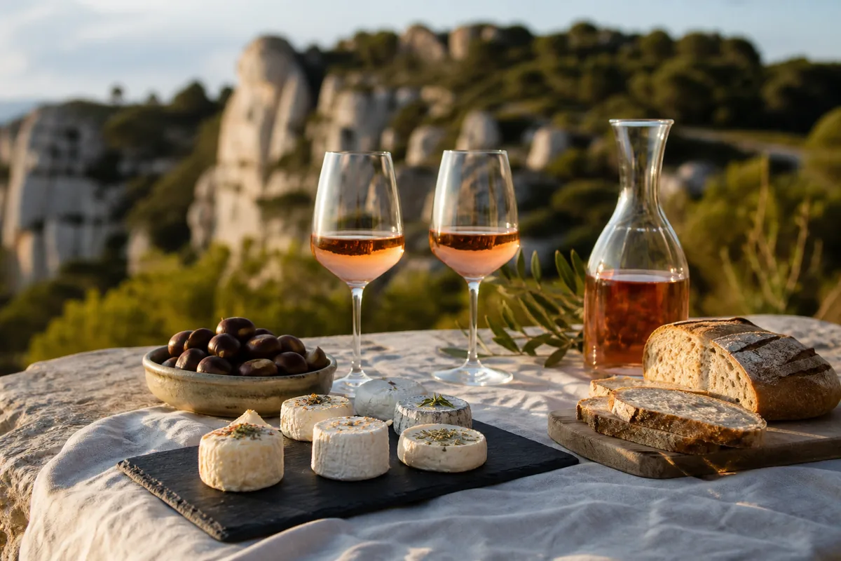 Table de terrasse en pierre avec fromages de chèvre, châtaignes et carafe de vin rosé, falaises calcaires en arrière-plan en fin d’après-midi